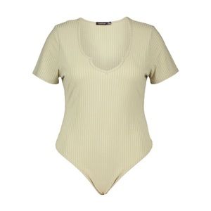 Boohoo Green Ribbed Plunge Cap Sleeve Bodysuit